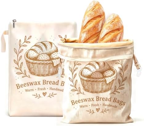 2 Pack Beeswax Bread Bags for Homemade Bread, XL Reusable Cotton Sourdough Bread Bags with Buckle Zipper & L-Shaped Zipper, Natural Beeswax Lined Bread Storage Bags for Loaves, Baguette, Freezer Safe by Unknown