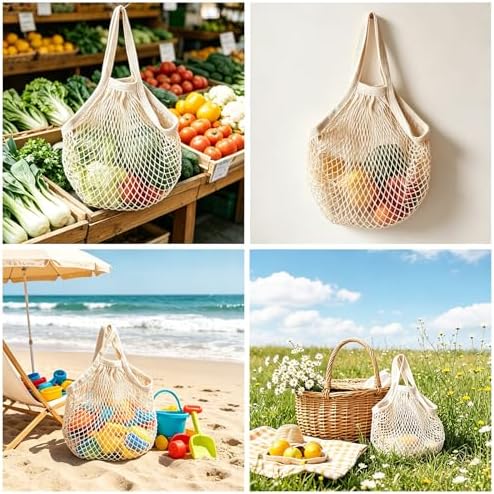 Ahyuan Reusable Cotton Mesh Grocery Bags Cotton String Bag Net Shopping Mesh Bags Pack of 3 (Beige) - Image 6