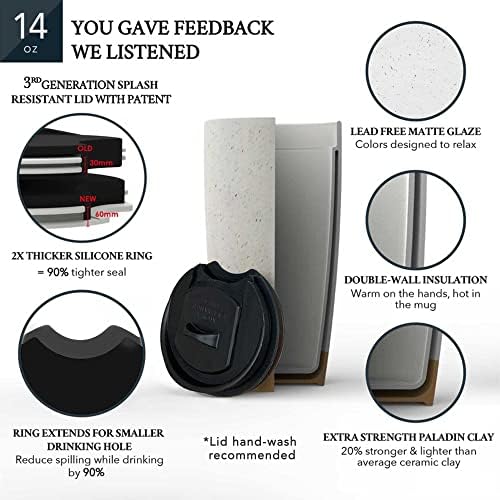 Mora Double Wall Ceramic Coffee Travel Mug with Lid, 14 oz, Portable, Microwave, Dishwasher Safe, Insulated Reusable Tall Cup, Splash Resistant Lid - To Go Tumbler for Car Cup Holder, Overcast Grey - Image 4