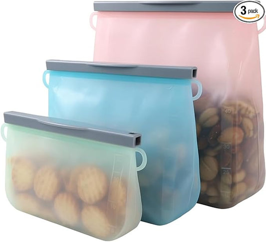 Reusable Silicone Food Storage Bags: Leak-Reistent Stand-up Pouches for Meal Prep, Sandwiches, Snacks, Baby Food, 3 Pack (500ml, 1000ml, 1500ml). BPA-Free, Freezer and Dishwasher Safe, Eco-Friendly