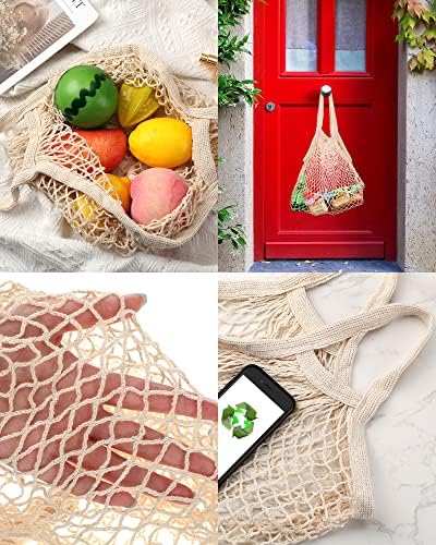 Eccliy 12 Pcs Reusable Mesh Grocery Bags Portable Cotton Produce Containers Washable Net Mesh Tote Bag Handle String Shopping(Beige) - Image 5