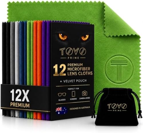 Microfiber Cleaning Cloth for Glasses & Camera –12 Pack + Velvet Pouch, 230 GSM Ultra Soft Lens Cloth for Screens, Laptop & Tablet, Streak-Free, Lint-Free, Scratch-Safe, 6"x7" by TOVO-MadeforLife
