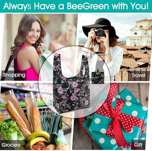 BeeGreen Floral Reusable Grocery Bags Bulk 6 Packs X-Large50LBS, Reusable Shopping Bags Foldable for Groceries, Vegetables, Fruits Bulk Tote Bags Washable For Women Men - Image 4