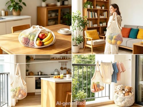 Ahyuan Reusable Cotton Mesh Grocery Bags Cotton String Bag Net Shopping Mesh Bags Pack of 3 (Beige) - Image 4