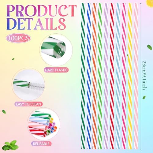 Honeydak 100 Pcs Reusable Plastic Straws Bulk,Multicolor Stripe - Image 2
