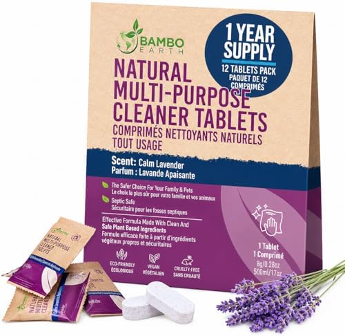 12 Pack Natural Multi-Purpose Cleaner - All Surface Multipurpose Cleaning Tablets Refill - Eco-Friendly Product & Cleaning Supplies - 1 Tablet = 17oz Spray (204oz Total) - Calm Lavender by BAMBOEARTH