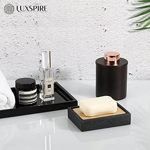 Luxspire Square Soap Dish, Bamboo Resin Drainage Holder, Black - Image 6