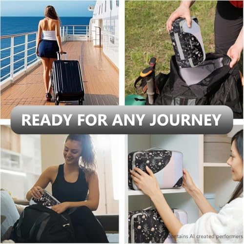 OlarHike Packing Cubes for Travel,Gifts for Women Mom,Anti-Tearing Suitcase Organizer for Luggage with Shoe & Hanging Toiletry Bag,Vacation Essentials & Accessories for Cruise Ship,8 Set,Black Flower - Image 7