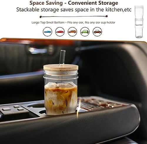 DWTS DANWEITESI Mason Jar with Lid and Straw,24 oz Iced Coffee Cup with Bamboo Lid and Straw,Boba Cups Smoothie Tumbler-Wide Mouth Reusable Glass Cups with Lid and Straws【4 Pack】 710ml - Image 6
