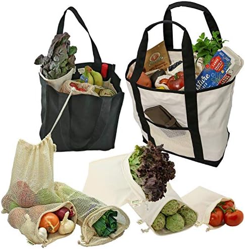 Simple Ecology Reusable Grocery Shopping 8 Bag Gift or Starter Set, Washable, Durable, Organic Cotton, Natural with Black by Simple+Ecology