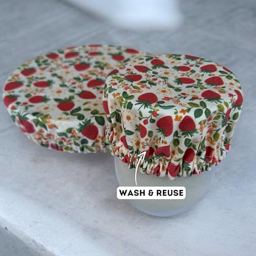 (4-Pack) Sourdough Reuseable Jar & Bowl Covers | Cute Baking Gift | 100% Cotton | Washable | Bread Proofing | Kitchen Food Storage Gifting | Starter Cover Lid Kit (Strawberry) - Image 5