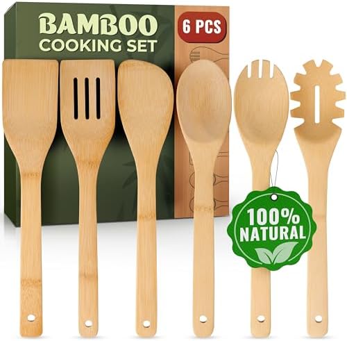 Wooden Spoons for Cooking, 6 Pcs Bamboo Utensil Set – Nonstick Safe by Woodenhouse