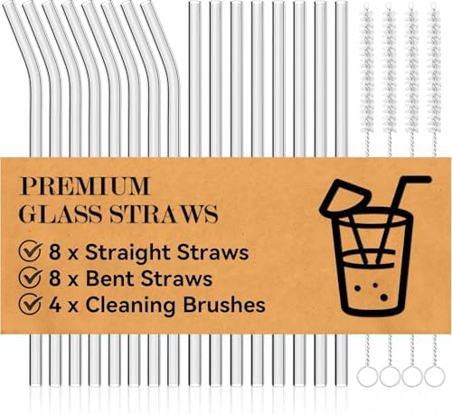 Foogwee® 20 Packs Reusable Glass Straws Set, 10'' x 10mm Clear Drinking Straws for Smoothies, Shakes, Coffee, Juice, Sodas, Milk, Tea, Cocktails, Set of 8 Straight and 8 Bent with 4 Cleaning Brushes by FOOGWEE