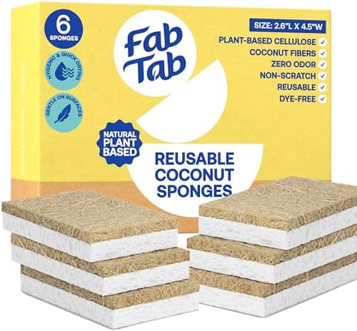 Fab Tab Coconut Cellulose Sponges - Non-Scratch Kitchen Cleaning, 6 Pack by FabTab