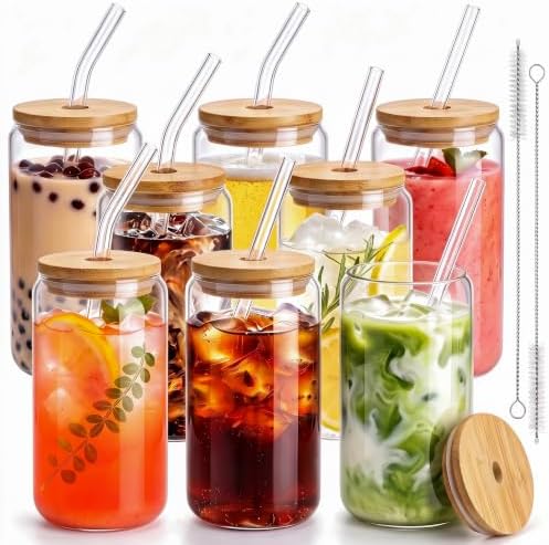 16 Oz Drinking Glasses - 8 Pcs Glass Cups with Bamboo Lids and Straws by SENTVEND