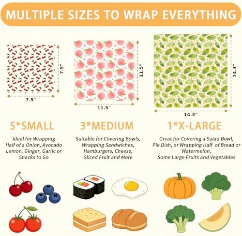 Reusable Beeswax Wraps, Peach Cherry Wraps, 9 Pack Eco-Friendly Food Storage, Organic, Sustainable, Zero Waste, Plastic-Free, For Sandwiches, Bread & Bowls, 1XL, 3M, 5S - Image 2