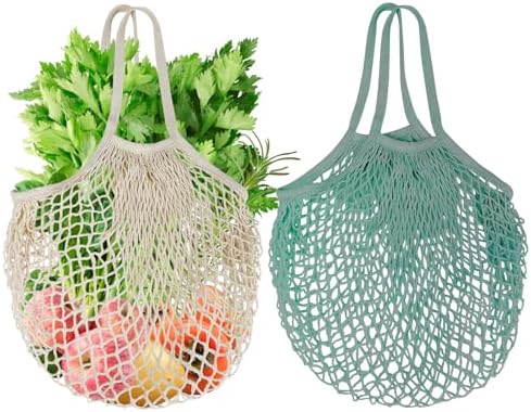 2-Pack Reusable Mesh Grocery Bags, 100% Cotton String, Long Handle Produce Bags, Fruit & Veggie Storage by Mordx
