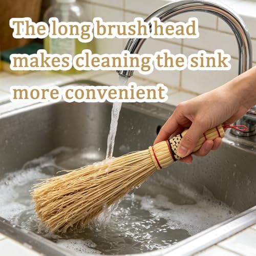 2-piece Set of Natural Long Handled Sorghum Pot Brush, Dishwasher Brush, Kitchen Cleaning Brush, Long Brush Head Suitable for Cleaning Flat Bottomed Pans, pots, Kitchen Sinks, and Vegetable Boards - Image 4