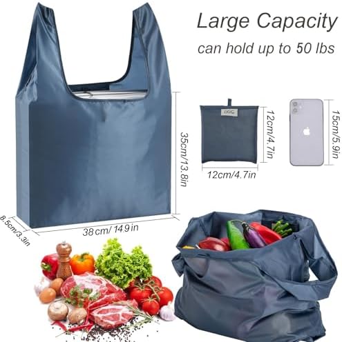 Large Reusable Bags Shopping Washable Foldable 6 Pack Grocery Bags Heavy Duty Lightweight Folding Gift Tote Bags Durable Polyester Gray - Image 3