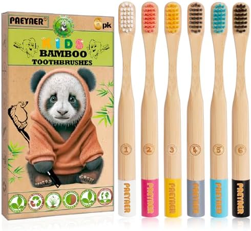 New Kids Bamboo Toothbrushes - 6 Pack, Organic Soft Bristle Toothbrush for Kids, Biodegradable Children's Toothbrushes (Toddler Toothbrush Ages 3-12, Multicolor) by paeyaer