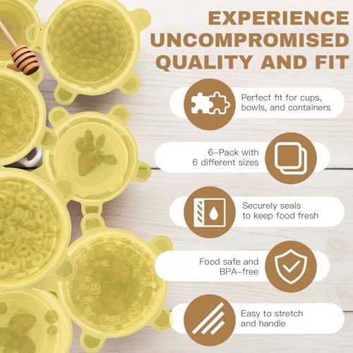 Reusable Silicone Stretch Lids – 18PCS Round & Square Stretchy Food Covers, Airtight & Leakproof, Microwave & Dishwasher Safe Yellow - Image 5
