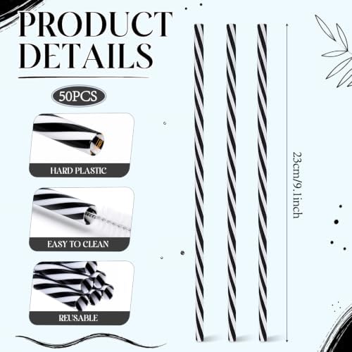 Honeydak 50 Pcs Reusable Plastic Straws Bulk,Black and White Stripe - Image 2