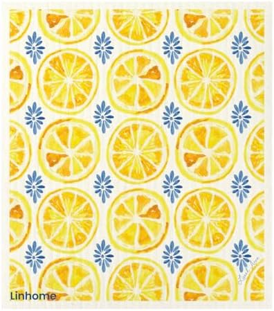 Lemon Collection Swedish Dishcloth, Reusable Paper Towel, Super Absorbent Cellulose Sponge, Kitchen Cleaning Cloth, Washable & Compostable (Lemon Zest Tile - 1 Pack) by Linhome