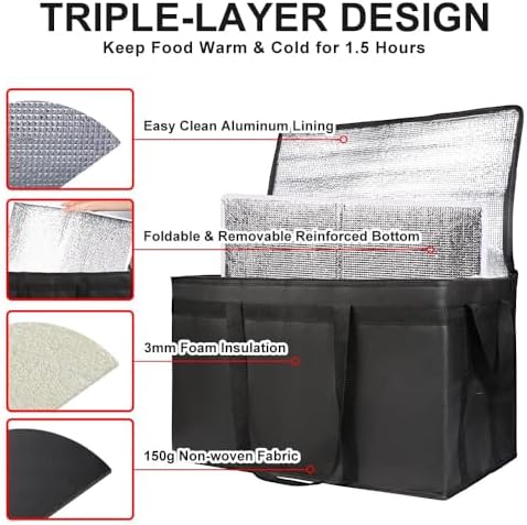 Insulated Food Delivery Bag with Hard Bottom, XXX-Large Insulated Reusable Grocery Cooler/Hot Bags, Tote Bag for Shopping/Travel, Black, 4-Pack - Image 4