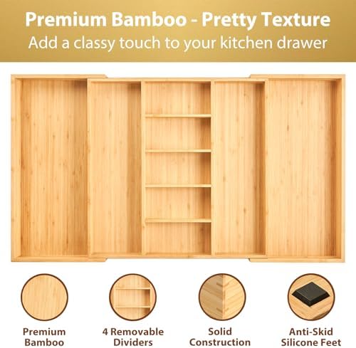 Umilife Extra Large Expandable Kitchen Drawer Organizer for Utensil and Junk, 19" Deep for Big Drawer, 19" to 33" Adjustable Bamboo Wood Drawer Divider, Cutlery Tray, Flatware Holder - Image 3