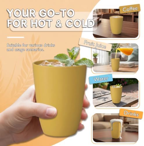 Wrova Wheat Straw Cups 6 PCS Good Alternative to Plastic Reusable Cups 12 oz Unbreakable Drinking Cup Reusable Dishwasher Safe Water Plastic Glasses Yellow - Image 4