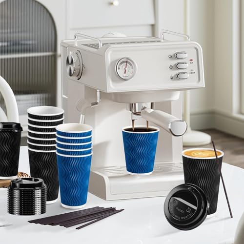 Lamosi 16 oz Disposable Coffee Cups with Lids, 100 Pack Insulated Hot Cups To Go Paper Coffee Cups with Lids and Straws, Corrugated Ripple Wall Cup for Hot Drink, Office, Coffee Bar (Black) - Image 6