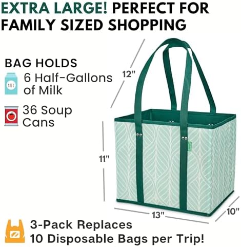 Reusable Grocery Bags (3 Pack) – Heavy Duty Reusable Shopping Bags, Green - Image 4