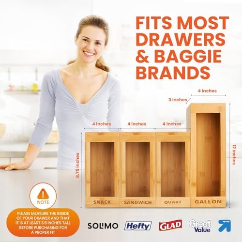 mHomeAid Bag Storage Organizer - Bamboo Food Plastic Baggie Holder, Dispenser, and Container for Kitchen Drawer - Fits Ziplock and Ziploc Gallon, Quart, Sandwich & Snack Sized Slider Bags (Bamboo) - Image 3
