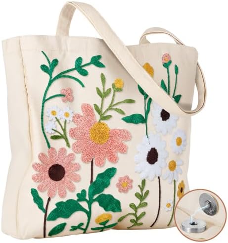Floral Embroidery Canvas Tote Bag with Magnetic Closure for Daily by VelvetHue