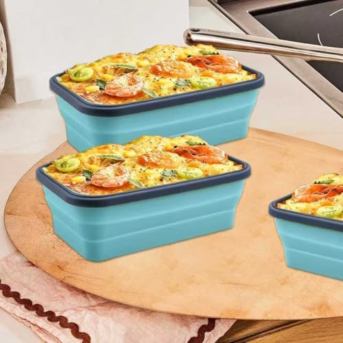 2 Pcs Collapsible Silicone Bowls with Lids, 500ml & 800ml Rectangular Foldable Food Storage Containers, Reusable Meal Prep Bowls, Microwave Freezer Safe, Ideal RV Camping Travel Accessories,Blue - Image 5
