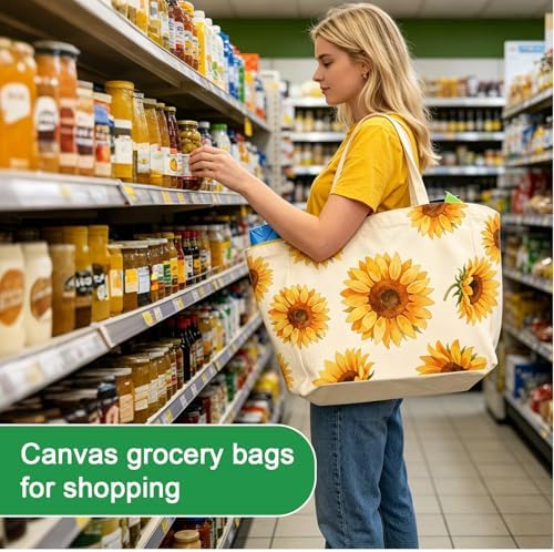 Aesthetic Canvas Reusable Grocery Bags Heavy Duty, 8.3 gal Foldable Large Tote Bag with Handles, Holds 60 lbs & Washable Eco-friendly Bags with 5 Pockets, Beige with a print 3 Bags - Image 2