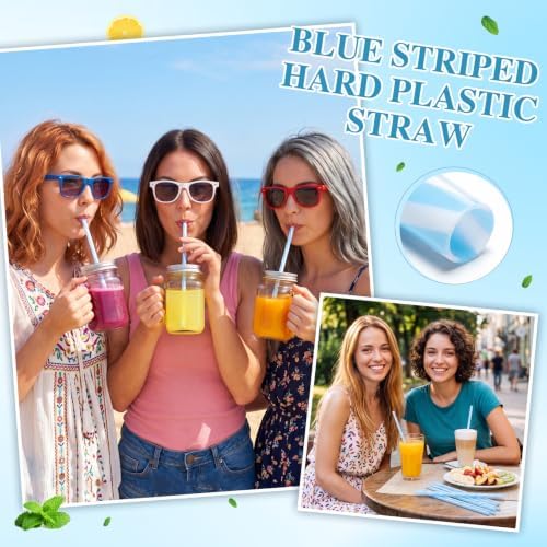 Honeydak 50 Pcs Reusable Plastic Straws Bulk,Light Blue and White Stripe - Image 4