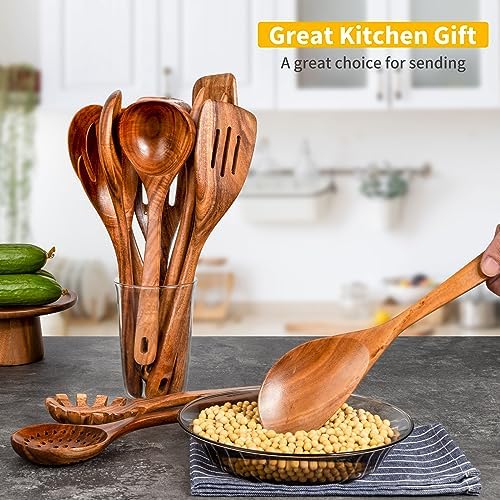 GUDAMAYE 11 PCE Wooden Spoons for Cooking, Wooden Kitchen Utensils Set,Wooden Cooking Utensils,Natural Teak Wooden Spoons For Non-stick Pan - Image 3