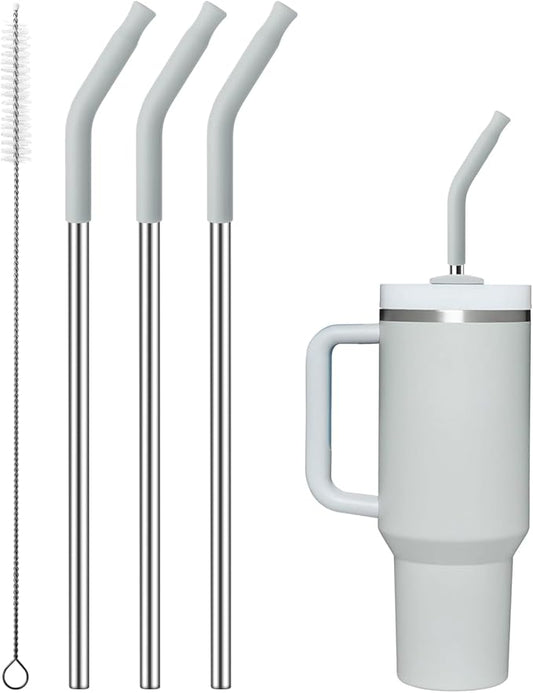 Reusable Metal Straws with Silicone Tip for Stanley 40oz,Stainless Steel Drinking Straws for 40oz Tumbler,3 Straight Tubes & 6 Tips& 1 Cleanr Brush(Ash)