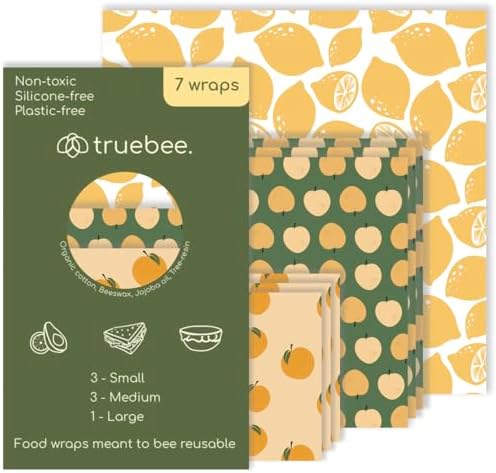Truebee Reusable Beeswax Food Wraps 7-Pack Summer Orchard – Non Toxic, Plastic Free, Silicone Free, Sustainable, Environmentally Friendly, Organic Cotton Beeswax Wraps (S, M, L) by Truebee