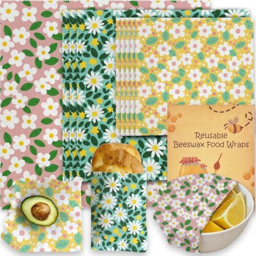 Reusable Beeswax Wrap, Spring Floral Daisy Wraps, 9 Pack Eco-Friendly Beeswax Wraps For Food, Organic, Sustainable, Biodegradable, Zero Waste, Plastic-Free Food Storage, 1XL, 3M, 5S by Unknown