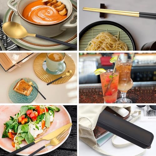 AARAINBOW 6 Pieces Stainless Steel Flatware Set Portable Reusable Cutlery Set Travel Utensils Set Including Chopsticks Knife Fork Spoon Straws Cleaning Brush Dishwasher Safe (B-Black golden) - Image 3