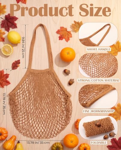 Eccliy 12Pcs Reusable Cotton Mesh Grocery Bag with Handle, Coffee, 10 in - Image 4