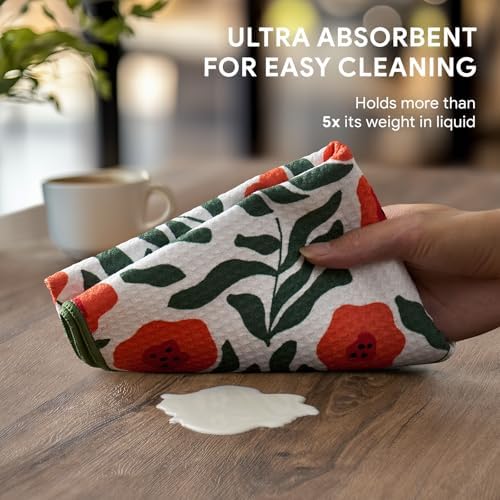 RECYCO Waffle Kitchen Towel Set of 2 - Quick Dry Microfiber Sustainable Dish Towels - Ultra Absorbent Reusable Cleaning Tea Towels - Lightweight Hand Towels,16”x 28”, Poppy Waves - Image 3