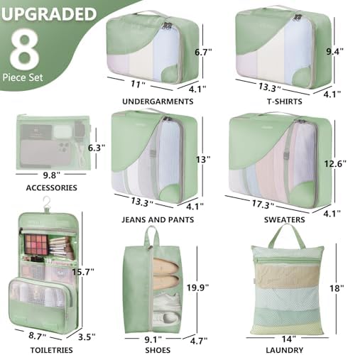 OlarHike Packing Cubes for Travel,Gifts for Women Mom,Anti-Tearing Suitcase Organizer for Luggage with Shoe & Hanging Toiletry Bag,Vacation Essentials & Accessories for Cruise Ship,8 Set,Matcha Green - Image 2