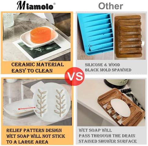 Miamolo Soap Dish Soap Holder Shower, Ceramic Soap Dishes for Bar Soap Sponge, Shower Soap Dish Soap Saver Tray for Bathroom Kitchen Sink, Easy to Clean, White (Pack of 2) - Image 4