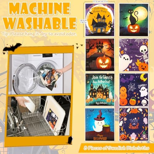 Lucomb 8 Pack Halloween Swedish Dishcloths Reusable, Kitchen Sponges Soft Absorbent Dish Towels Swedish Dish Cloths Washable Decorative for Kitchen Washing Dishes Bathroom Office Hand Towel Cleaning - Image 2