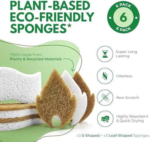 AIRNEX Natural Kitchen Sponges (6 Pack) - Biodegradable Cellulose & Coconut Scrubber Dish Sponge for Kitchen - Eco-Friendly, Non Scratch, Compostable, Non Toxic Leaf Shaped Natural Sponges for Dishes - Image 2