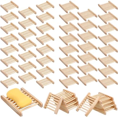 Sawysine 50 Pcs Bamboo Soap Holder Bulk Wood Soap Dish Bathroom Wooden Tray Saver Hand Craft Bathtub Self Draining Dish for Bar Kitchen, Gifts for Christmas, 2 Sizes(Wood Color) by Sawysine
