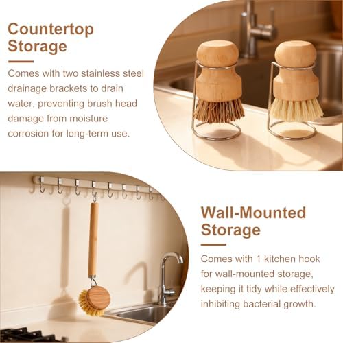 Bamboo Dish Brush Set, Natural Wooden Handle Dish Scrubber with 2PCS Mini Palm Brushes & Holders, Kitchen Brush with 1 Adhesive Hook for Pan Pots Dishes Vegetable - Image 6